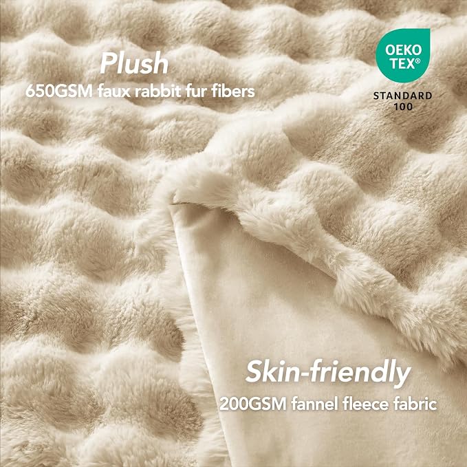 L'AGRATY Faux Rabbit Fur Throw Blanket for Couch, 60'' x 80'' Almond White | Soft Cozy Bubble Fluffy Blanket for Sofa Bed, Thick Warm Plush Fuzzy Throw for Room Home Decor, Luxury Gift for Women Mom