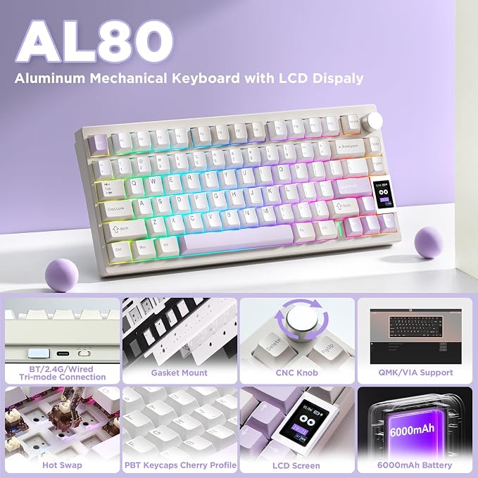 YUNZII AL80 75% Wireless Aluminum Mechanical Keyboard(Beige, Gateron Zero) | QMK/VIA, Smart LCD Display and Knob, Hot Swap, Gasket Structure, BT/2.4G/USB-C, RGB Keyboard for Gaming/Win/Mac