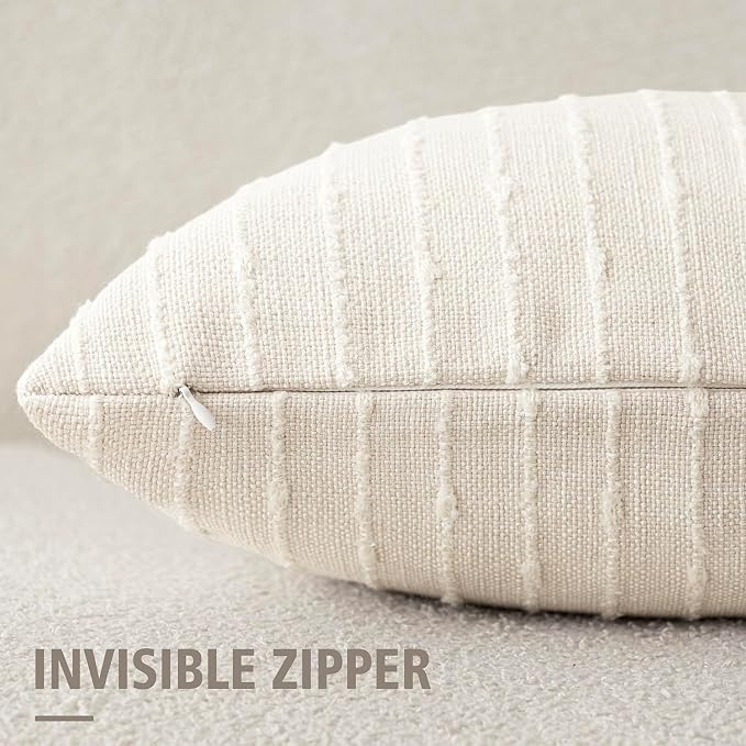 Foindtower Pack of 2 Decorative Jacquard Boucle Throw Pillow Covers Accent Textured Striped Pillowcases Cozy Modern Cushion for Couch Sofa Bedroom Living Room Home Decor 18x18 Inch Cream White
