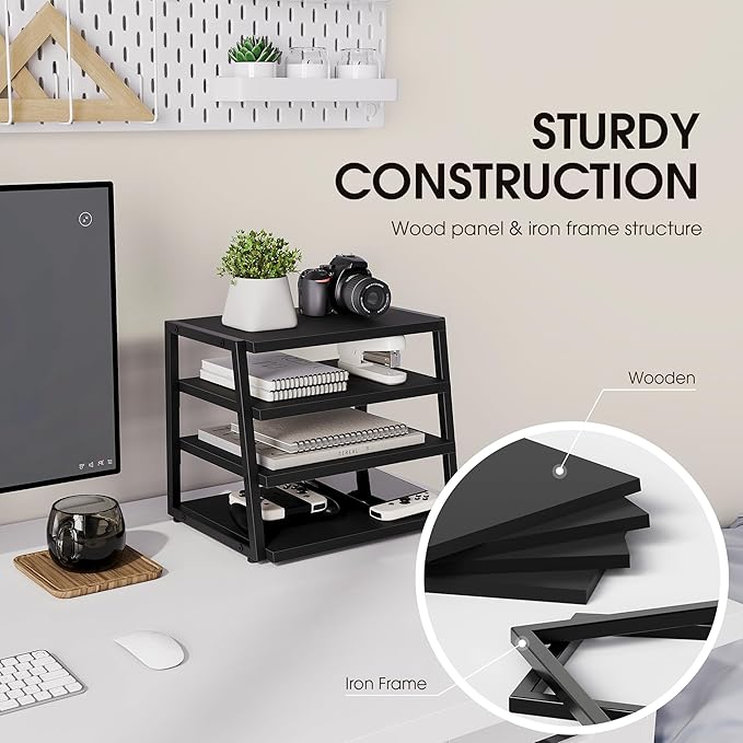 Fenge Desk Shelf Organizer, 4 Tier Desktop Shelf, Wood and Metal Office Shelves, Corner File Organizer for Office Supplies, Top of Desk Organizers and Accessories