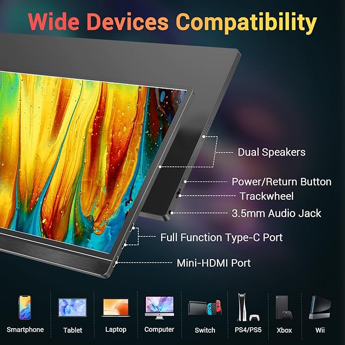 KYY Portable Monitor 15.6'' FHD 1080P USB C HDMI Gaming Monitor Ultra-Slim IPS Display w/Smart Cover & Speakers, Plug&Play, External Monitor for Laptop PC Phone Mac Xbox PS4