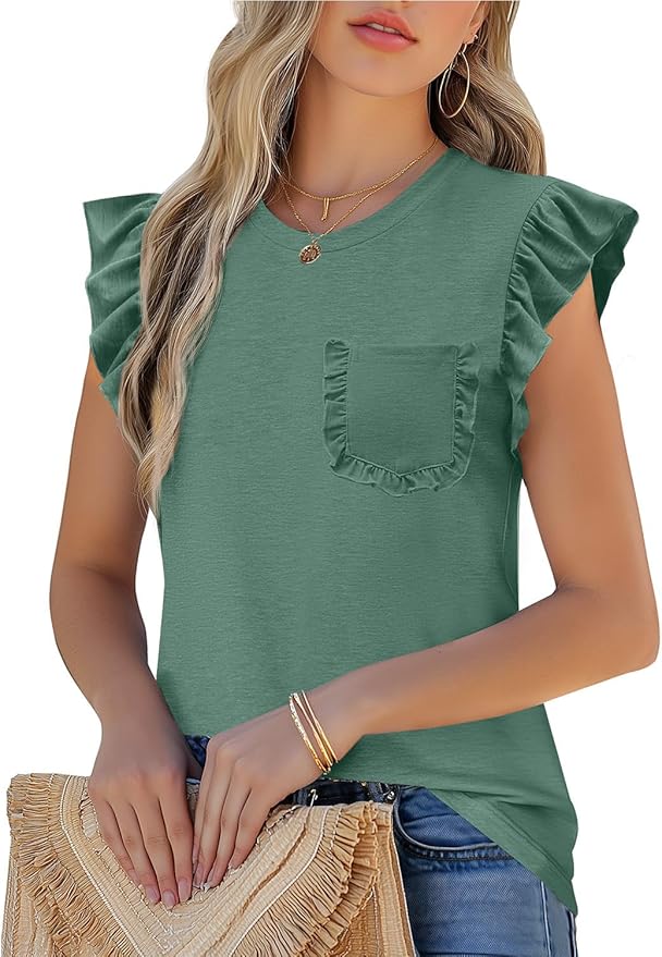 JUSTFASHIONNOW Womens Summer Tops Striped T-Shirts 2026 Ruffle Short Sleeve Crew Neck Casual Blouses with Pocket