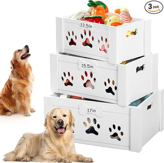 3 Pack Dog Toy Bin Wood Large Dog Toy Basket with Handle and Bone Tags Multi-size Hollow Claw White Wooden Storage Crates for Chew Pets Blankets Food Leash Display Accessories