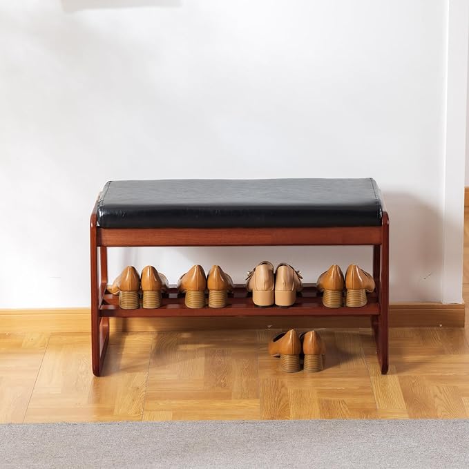 latifolia Solid Wood Bench, Entryway Shoe Bench with Cushion, 2 Tier Shoe Storage Organizer for Hallway, Living Room(Black,31.50''L)