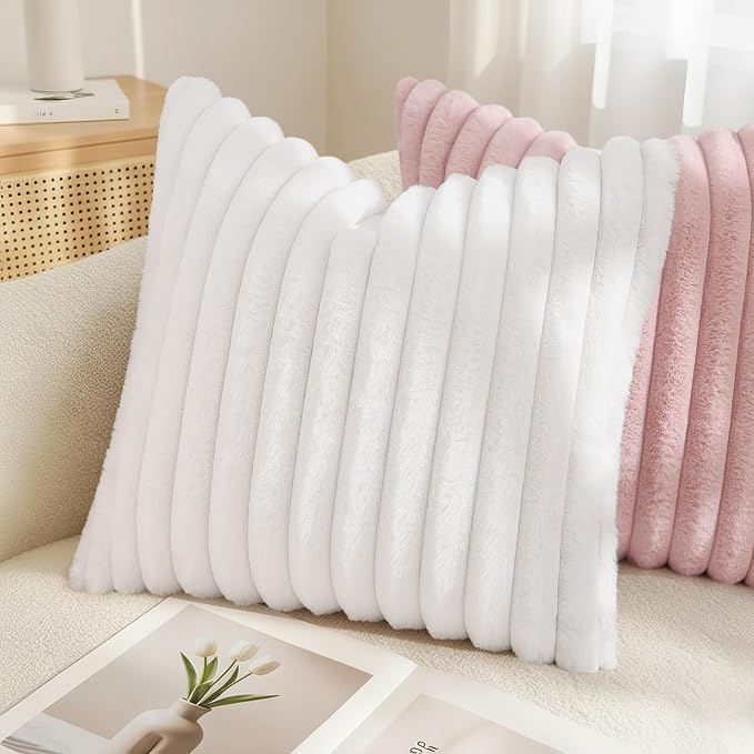 decorUhome Fall Faux Fur Throw Pillow Covers 24x24 Set of 2 White | Decorative Soft Cozy Striped Plush Modern Farmhouse Boho Couch Pillow Cases Velvet Back for Sofa Bed Living Room Home Decor
