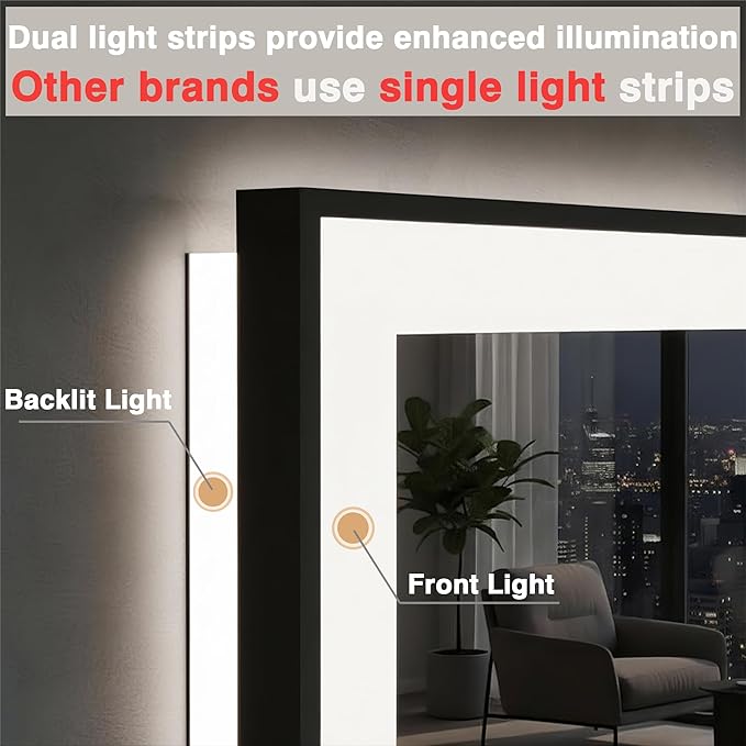 40x36 LED Bathroom Vanity Mirrors - Black Aluminum Edge (Front and Backlit), Anti-Fog Vanity Mirror with Lights,Stepless Dimmable Lighted Mirror,3 Colors Smart Mirror(Horizontal/Vertical)