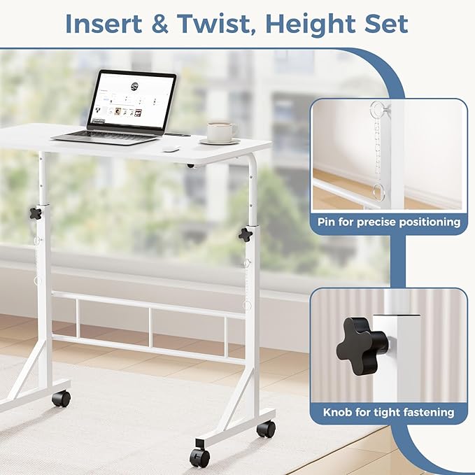 DUMOS 31.5" Walking Pad Desk, Laptop Desk, Home Office | Lockable Wheels, Adjustable Height, Portable Rolling Design, Treadmill Use, Stand Up Style, White
