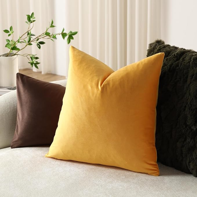 Throw Pillow Covers 22x22 Gold Yellow: Pack of 2 Cozy Soft Velvet Square Modern Luxury Decorative Throw Pillow Cases for Sofa Couch Living Room Bed Home Decor