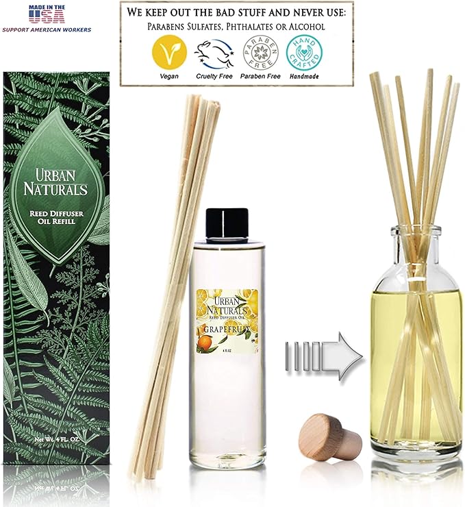 Urban Naturals Grapefruit Scented Oil Reed Diffuser Refill | Includes a Free Set of Reed Sticks! 4 oz.
