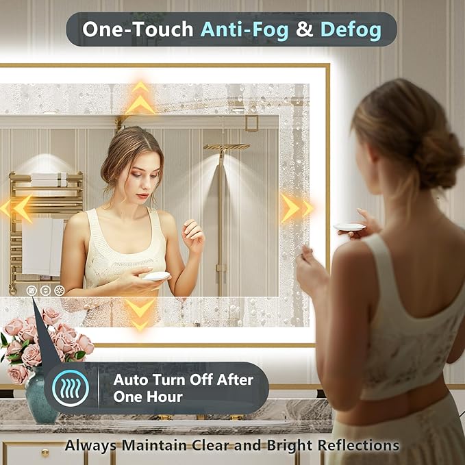 72x40 Gold LED Bathroom Mirror with Lights, Brushed Gold Framed Backlit and Front Lit Anti-Fog Lighted Vanity Mirrors for Bathroom Wall, Dimmable, 3 Colors, Memory, HD Tempered Glass, CRI＞90