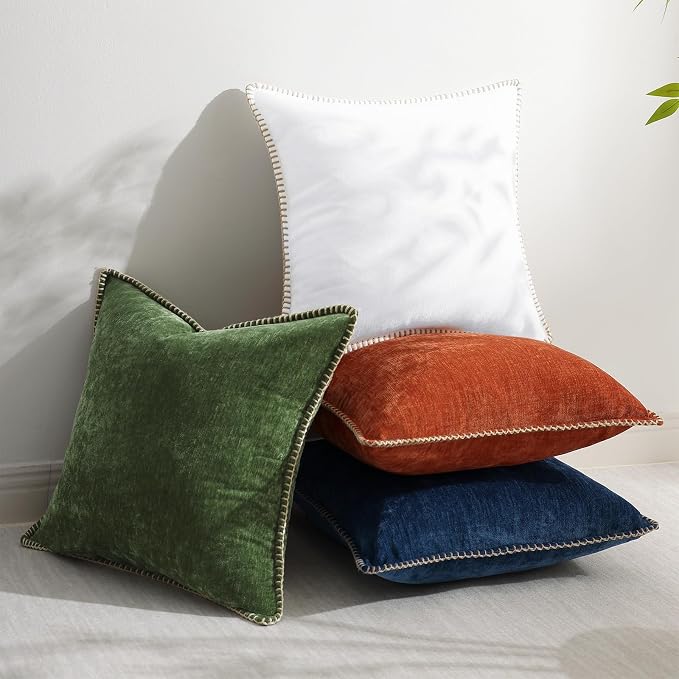 decorUhome Soft Chenille Throw Pillow Covers 18x18 Set of 2 Forest Green | Fall Textured Decorative Throw Pillow Cases Stitched Edge Modern Farmhouse Luxury Boho Velvet for Couch Sofa Bed Home Decor