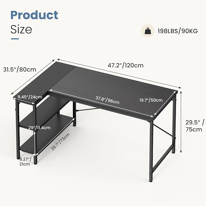 DUMOS 47 Inch L Shaped Desk, Computer Gaming Corner Desks with Shelves | Home Office PC Table, Writing Working Study Desk for Bedroom Dorm, Reversible Design, Black