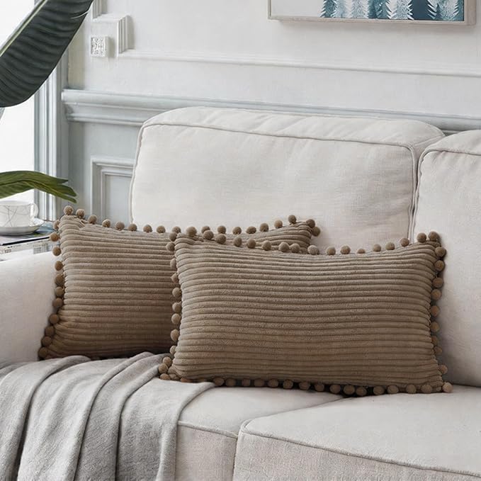 Fancy Homi Set of 2 Light Brown Lumbar Decorative Throw Pillow Covers 12x20 Inch with Pom-poms, Soft Corduroy Solid Rectangle Cushion Cases Set for Couch Sofa Bedroom Car Living Room 30x50 cm