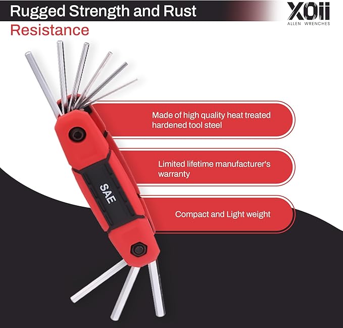 17PC Folding Allen Wrench Set | SAE & Hex Set | Durable Portable Tool for Automotive, Bike, Home & DIY Repairs | Complete Multi-Size Allen Key Set for Workshop (Red) (Red)