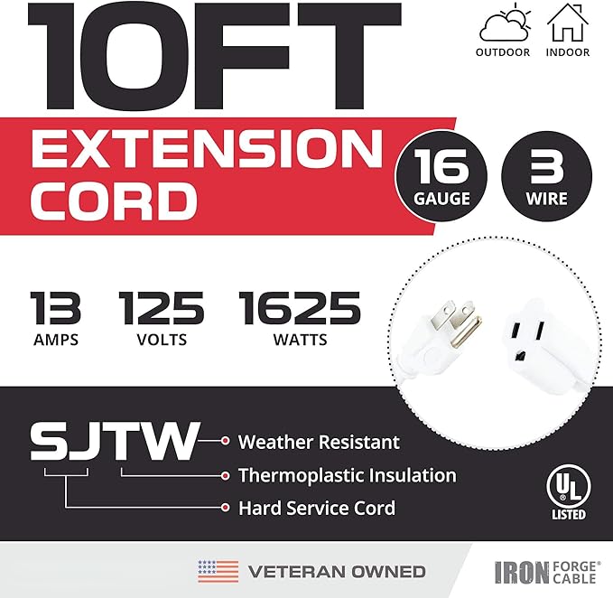 Iron Forge Cable Weatherproof 10 Ft Outdoor Extension Cord - 16/3 SJTW Heavy Duty White Extension Cord 3 Prong - 13 Amp Exterior Power Cable