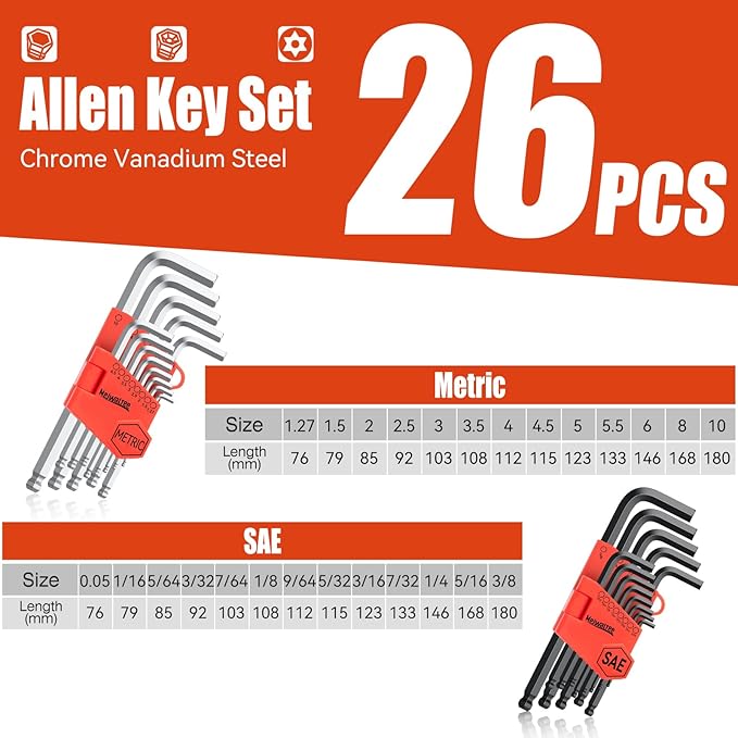 Meiwaltee Allen Wrench Set, 26PCS Metric (1.27-10mm) & SAE (0.05"-3/8") Allen Key Set, L-Hex Key Set With Long Arm Ball End,Visible Size-Marked For Bicycle - Appliance Repair, Furniture Assembly
