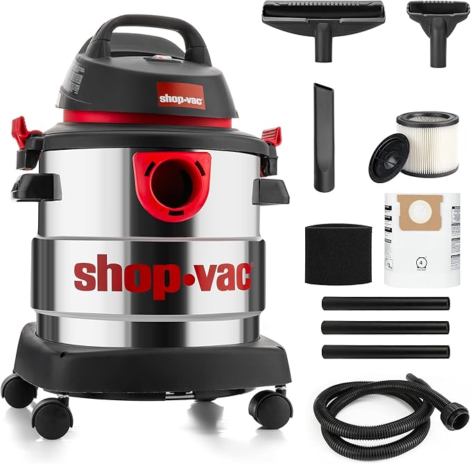 Shop-Vac 5989305 Wet/Dry Vacuum, 5 Gallon, 4.5 Peak HP Stainless Steel Vacuum, 1.25 Inch Diameter x 7 Foot Hose, 6 Ft Cord Length, Ideal for Jobsite, Garage, Car & Workshop