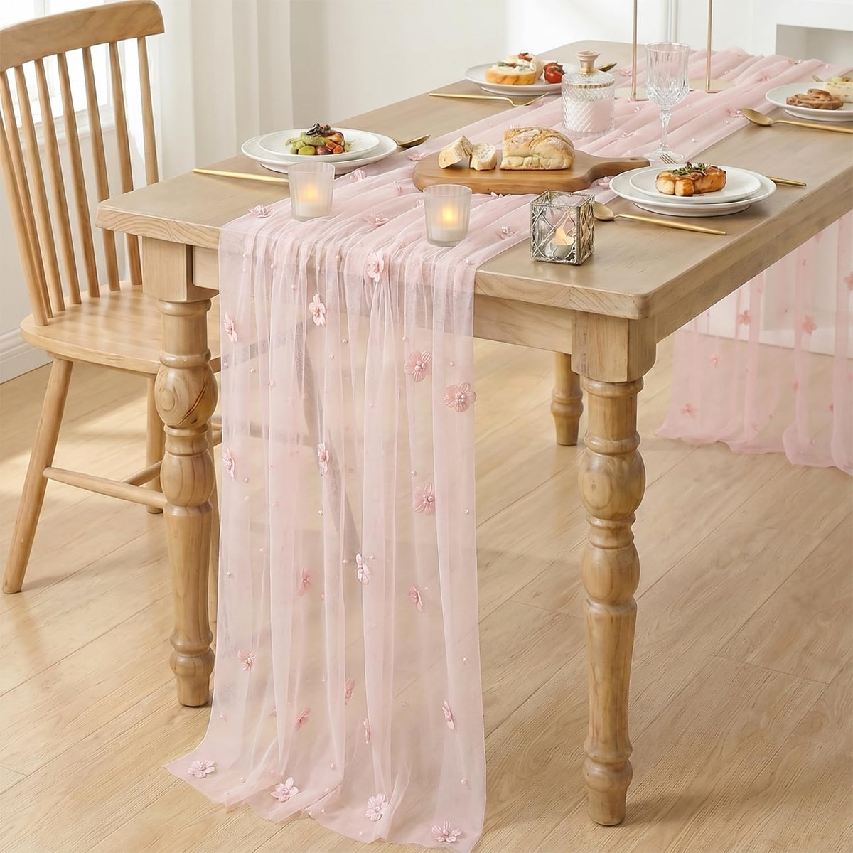 Artoid Mode Pink Flower Pearl Pink Gauze Table Runner 10FT, Seasonal Sheer Dining Holiday Wedding Birthday Baby Shower Table Decor for Home Party