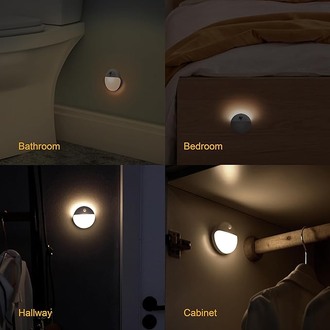 4 Pack Stair Lights Indoor, 2.6" Small Stick on Lights, Dimmable Motion Sensor Night Light, 3 Light Modes, Portable Battery Night Light for Corners, Cabinet, Toilet, Bedroom, Kids, Warm White