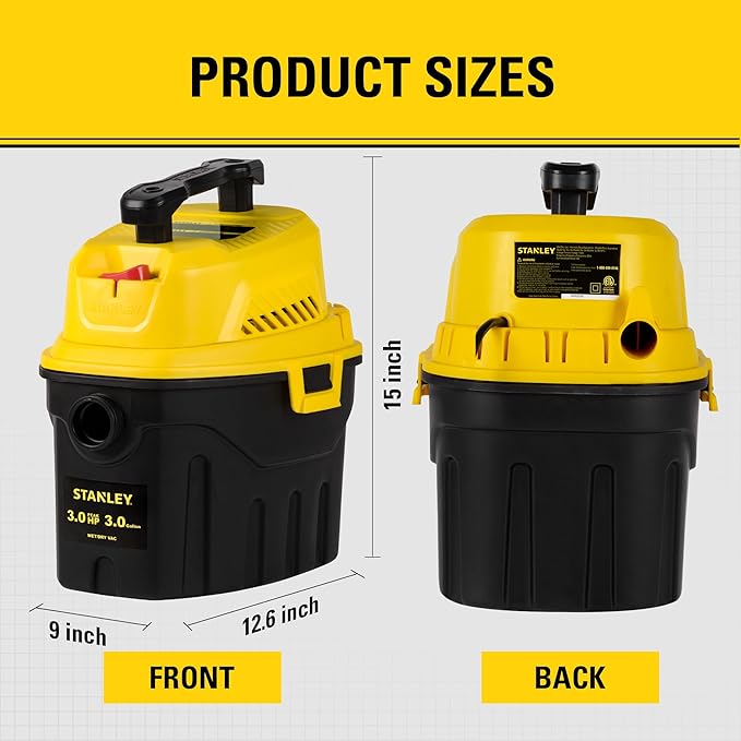 Stanley 3 Gallon Portable Shop Vacuum, 3 Peak HP Wet Dry Suction Vac,Multi-functional Crevice Nozzle with Retractable Hose Vacuum for Home, Car Detailing, Jobsite, Garage & Workshop SL18910P-3