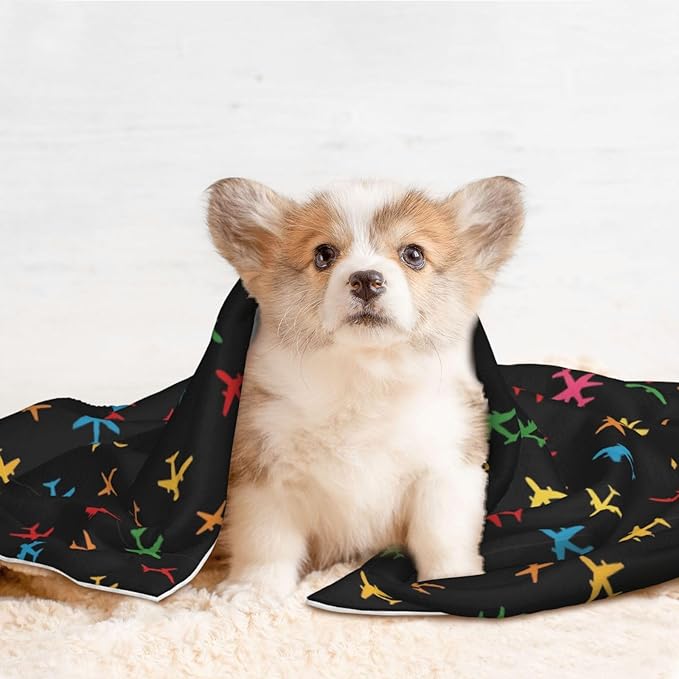 Double Sided Plush Pet Blanket with Cozy Dot Texture and Smooth Reverse, Colorful Aircraft Airplane Black, Reversible Throw for Dogs Cats on Couches Beds Crates