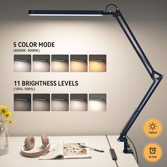 SKYLEO Desk Lamp - LED Desk Light - 5 Color Modes X 11 Brightness Levels - Adjustable Swing Arm - Timmer & Memory Function - 12W Lamp for Desk - Blue