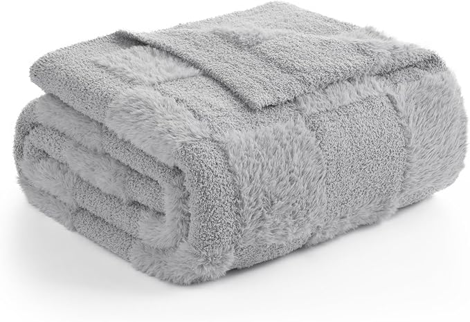 Snuggle Sac Faux Fur Checkered Blanket Twin Size with Soft Knitted Microfiber Fabric,Cozy Soft Warm Blanket for Sofa Bedroom Living Room,Solid Light Grey,60x80 inches