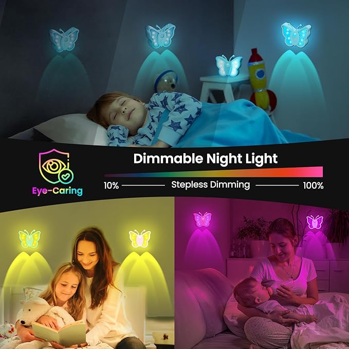 LOFTEK Rechargeable Motion Sensor Light, RGB Color Change & Dimmable Night Light, Cute Butterfly Light for Kids' Bedroom, Bathroom, Hallway, Tent & Stairs - Halloween Decor & Gift, Black of 4