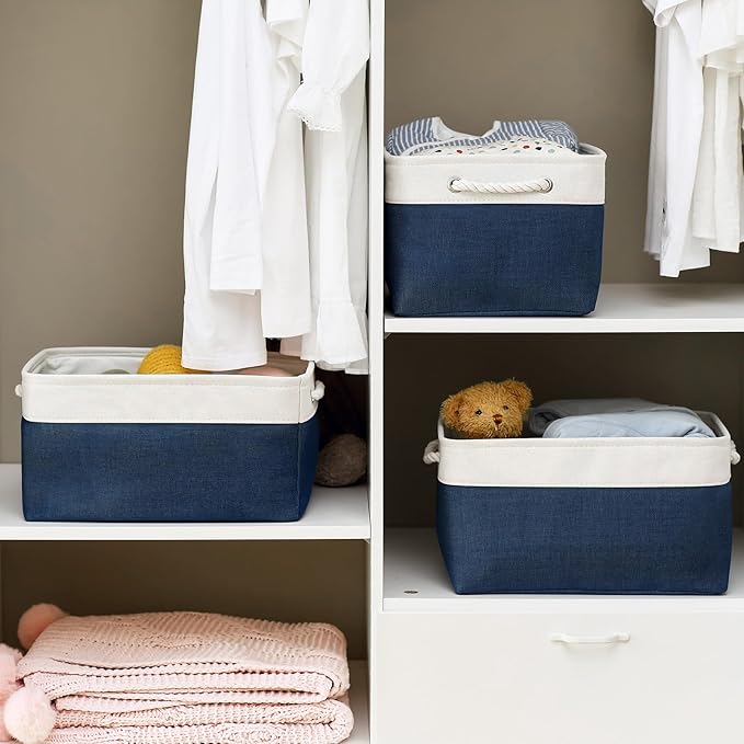 Organization and Storage Basket for Shelves - 16x12x8 inch Large 3 Pack Canvas Storage Bin Collapsible Baskets for Organizing, Fabric Storage Cubes for Cloth Laundry (White&Deep Blue)