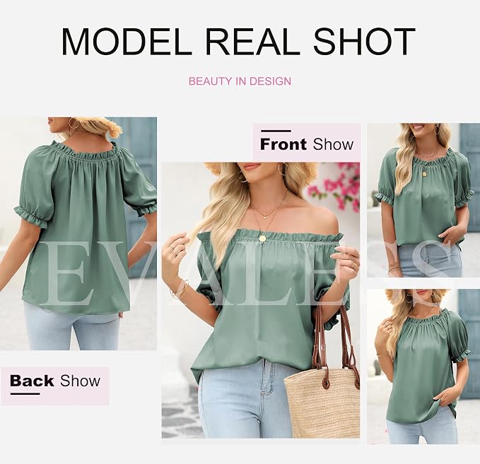 EVALESS Womens Tops Off The Shoulder Blouses for Women Dressy Casual Cute Puff Sleeve T Shirts Fashion 2026