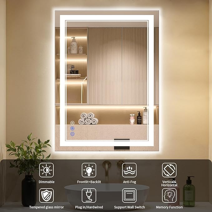 28X32 LED Bathroom Mirror with Lights, Anti-Fog, Backlit + Front Lit, Dimmable, Led Vanity Mirror for Wall, Lighted Bathroom Mirror, 3 Colors, Shatter-Proof Tempered Glass
