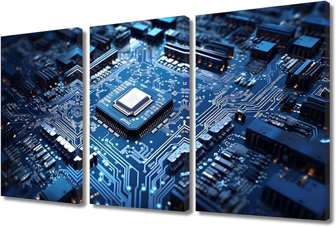 3 Panels Circuit Board Pictures Canvas Wall Art Technology Blue AI Paintings Prints on Canvas Chip Modern Artwork Pictures for Living Room Bedroom Giclee Framed Ready to Hang (36"Wx24"H)