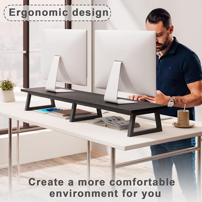 TEAMIX Black 42 inch Dual Monitor Riser,Wood and Steel Long Monitor Stand for 2 Monitors with Storage Large TV Riser Computer Laptop Stand for Desk Office Organization