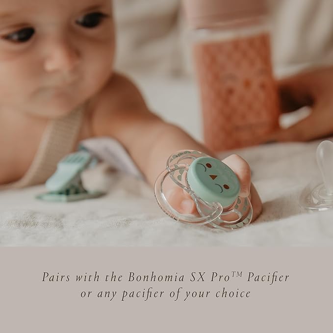 Suavinex Bonhomia Premium Baby Pacifier Clip with Ribbon, Stylish Binky Clips with Double Sided Design, Baby Accessories, Baby Essentials (0mo+), Beige
