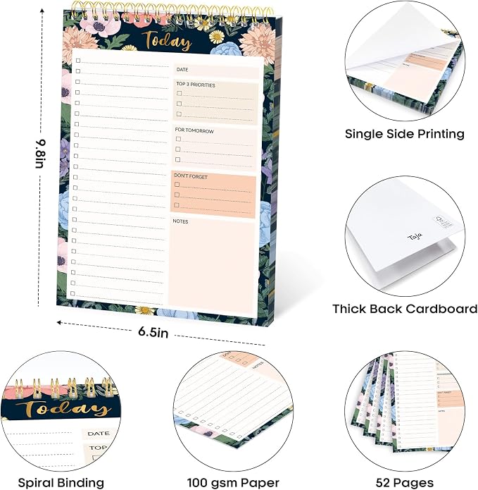 Taja To Do List Notepad, Undated Daily Planner for Work and Goal Setting | Floral Symphony, 52 Sheets, 9.8" x 6.5" , for Office, Home and school, Daily Task Planning, Notes and Everyday Organization
