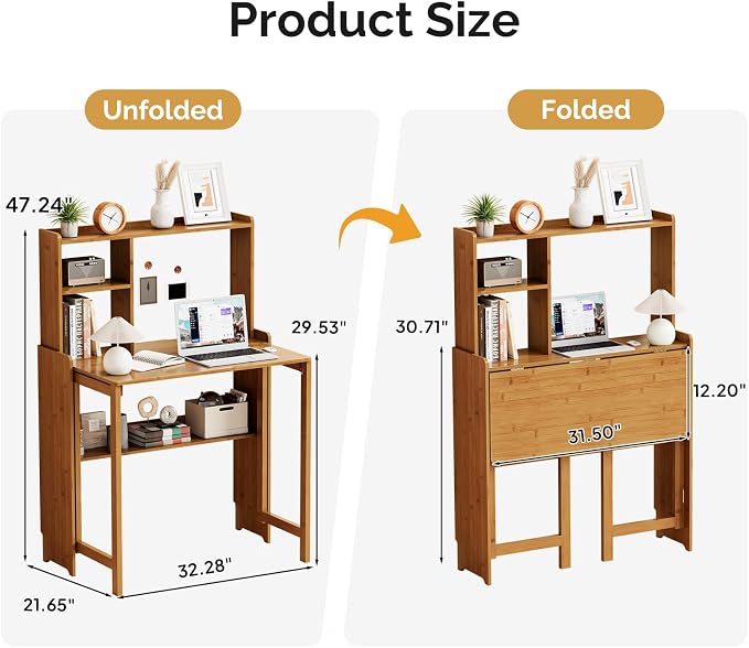 Folding Desk with Bookshelf, Compact Foldable Desk for Small Spaces,Brown | Bamboo Computer Desk with Storage Shelf, Space-Saving Home Office Desk with Hutch for Bedroom, Dorm, Apartment