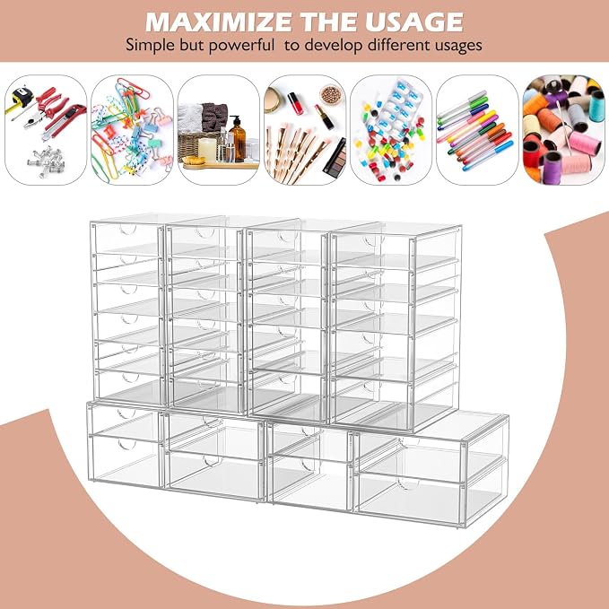 caktraie 6-Pack 30-Drawer Acrylic Storage & Makeup Organizer for Desk | Smooth-glide drawers, clear body, dustproof, for office supplies, pens, stationery, jewelry, cosmetics, craft bits
