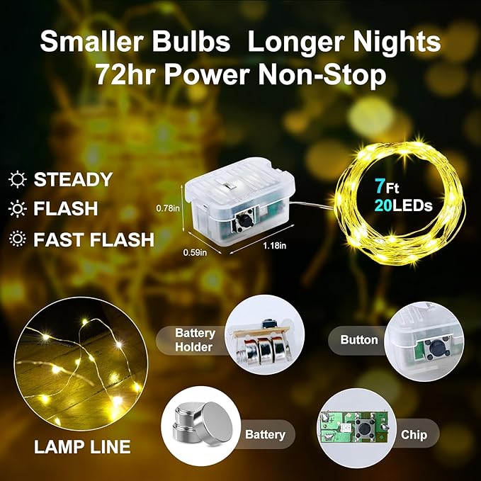 Aogist 12 Pack Fairy Lights 3 Modes 7ft 20 LED Waterproof,Battery Operated Silver Wire Firefly Starry Moon Mini String Lights for Mason Jars Christmas DIY Crafts Wedding Party Bedroom,Yellow
