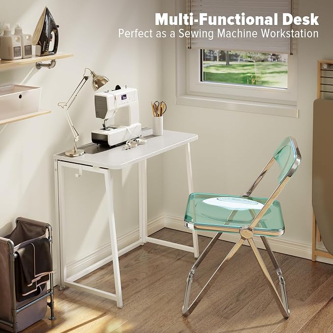 WOHOMO Folding Desk, 31.5" Foldable Computer Table for Small Spaces, White | Easy Assembly and Fold, Sturdy Home office desks for Study Bedroom Dorm Space Saving Writing Work Apartment