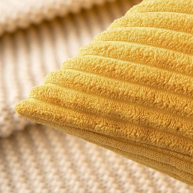 MIULEE Soft Corduroy Throw Pillow Covers Set of 2 16x16 Mustard Yellow | Decorative Striped Textured Cushion Cases, Boho Rustic Square Pillowcases, Home Decor for Couch Chair Sofa Bed Living Room