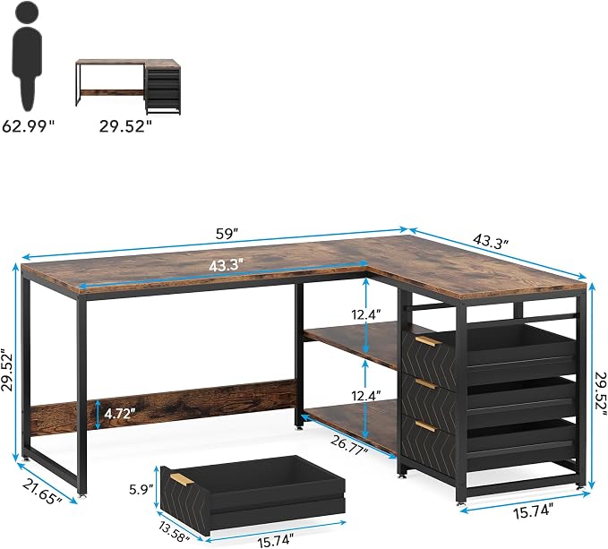 Tribesigns L Shaped Computer Desk with Storage Drawers, 59 inch Corner Desk with Shelves, Reversible L-Shaped Office Desk Study Writing Table Workstation for Home Office, Brown