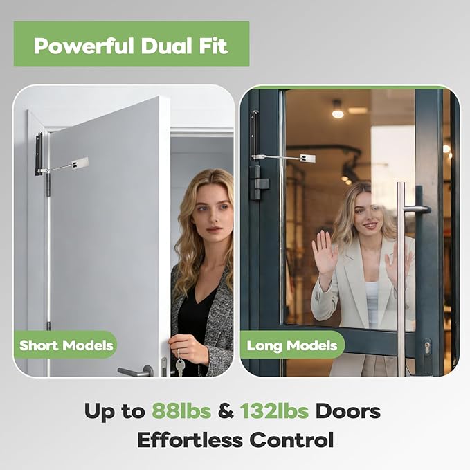 Automatic Door Closer, Stops Door Slamming, Ultra-Quiet Soft Close for Home & Apartment Doors, Upgraded Aluminum Roller Arm, Scratch-Free, Adjustable Speed, Self Closing Spring Door Closer, Black