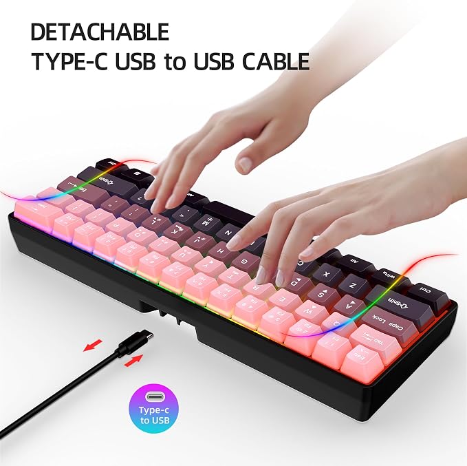 Snpurdiri 60% Wired Gaming Keyboard, Pink-Black | 61 Keys, RGB Backlit Ultra-Compact Small Gaming Keyboard for PC/Mac Gamer, Typist, Travel, Easy to Carry on Business Trip