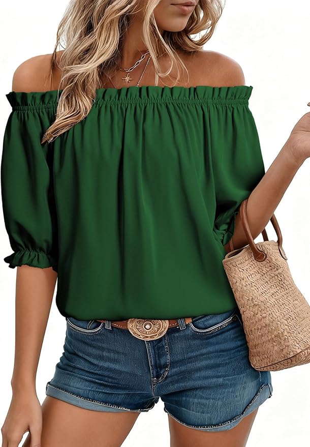 EVALESS Womens Tops Off The Shoulder Blouses for Women Dressy Casual Cute Puff Sleeve T Shirts Fashion 2026