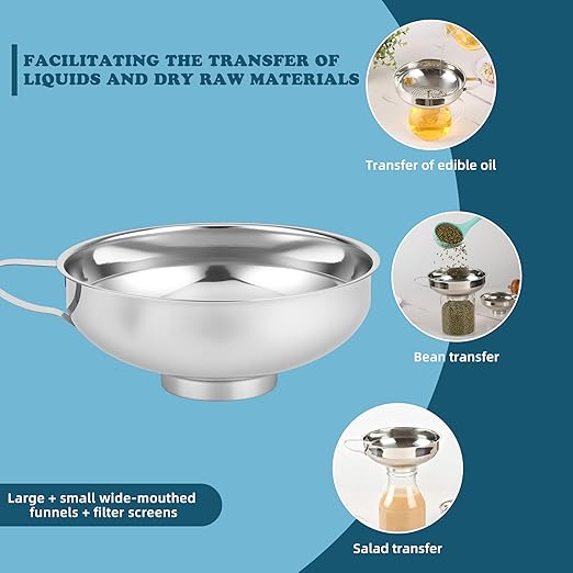 Enfete Stainless Steel Wide-mouthed Kitchen Funnel, 2 Sets with Filter, Suitable for Wide-mouthed and Regular-Sized Cans, Ideal for Transferring Liquids and Solids, Oils, Beans and Jams