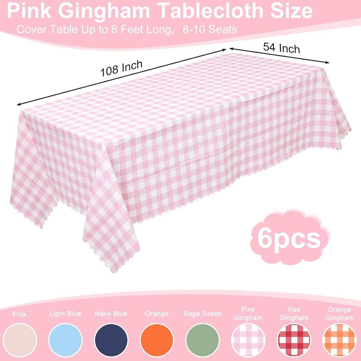 NatNarr 6 Pack Pink Gingham Tablecloths, 54 X 108Inch Scalloped Pink and White Checkered Table Cloth, Disposable Party Table Covers for Wedding Picnic Birthday Baby Bridal Shower Anniversay