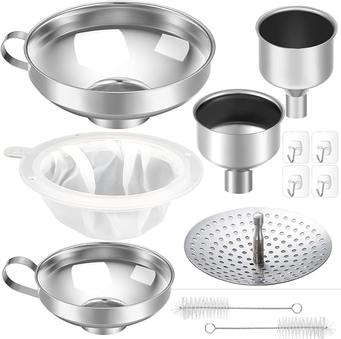 Gejoy 12 Pcs Metal Canning Funnels Set Wide Mouth Mason Jar Funnels for Filling Stainless Steel Kitchen Filter with Strainer Mesh Filter Brushes and Adhesive Hooks, Silver