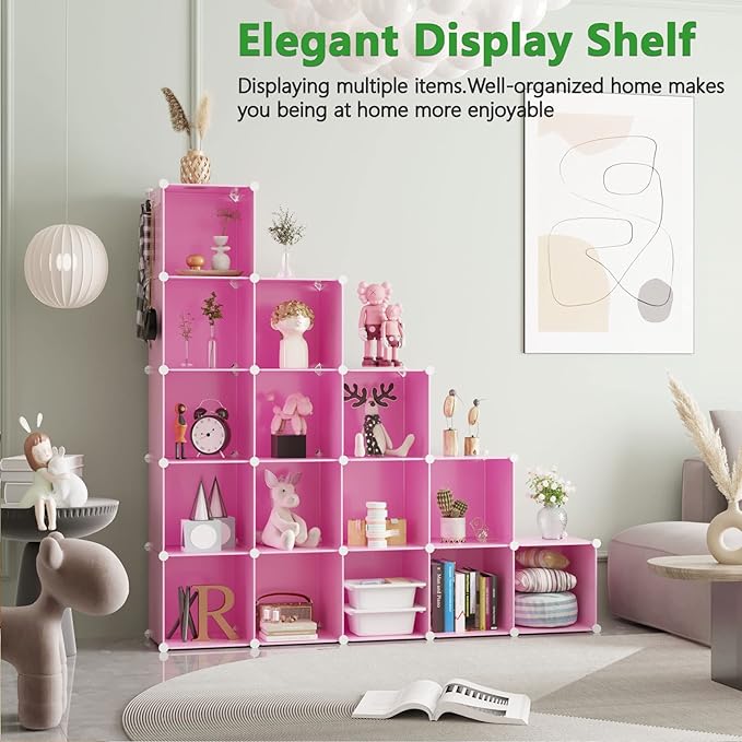 C&AHOME Cube Storage Organizer, 16-Cube Shelves Units, Plastic Storage Cubes, DIY Closet Organizer, Modular Closet Storage Shelves Ideal for Home, Bedroom, 48.4" L × 12.4" W × 48.4" H Pink UPCS16P