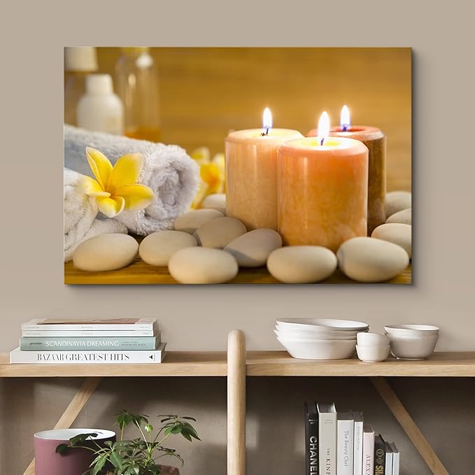 wall26 Canvas Print Wall Art Lit Spa Candle Trio with Stones & Yellow Blossoms Nature Wilderness Photography Realism Chic Scenic Relax/Calm Multicolor for Living Room, Bedroom, Office - 32"x48"