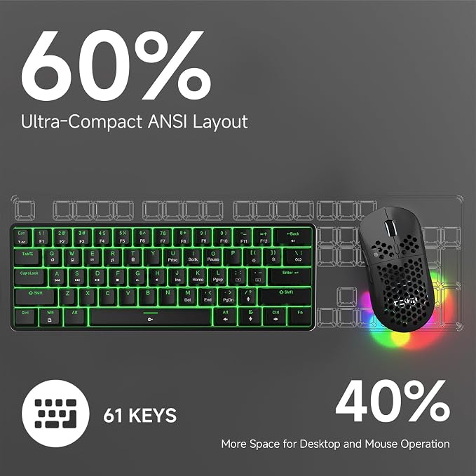 TMKB 60% Mechanical Gaming Keyboard, Red Linear Switch, Wired, Black | LED Backlight, Anti-Ghosting, Detachable USB-C, Double-Shot Keycaps, 61 Keys